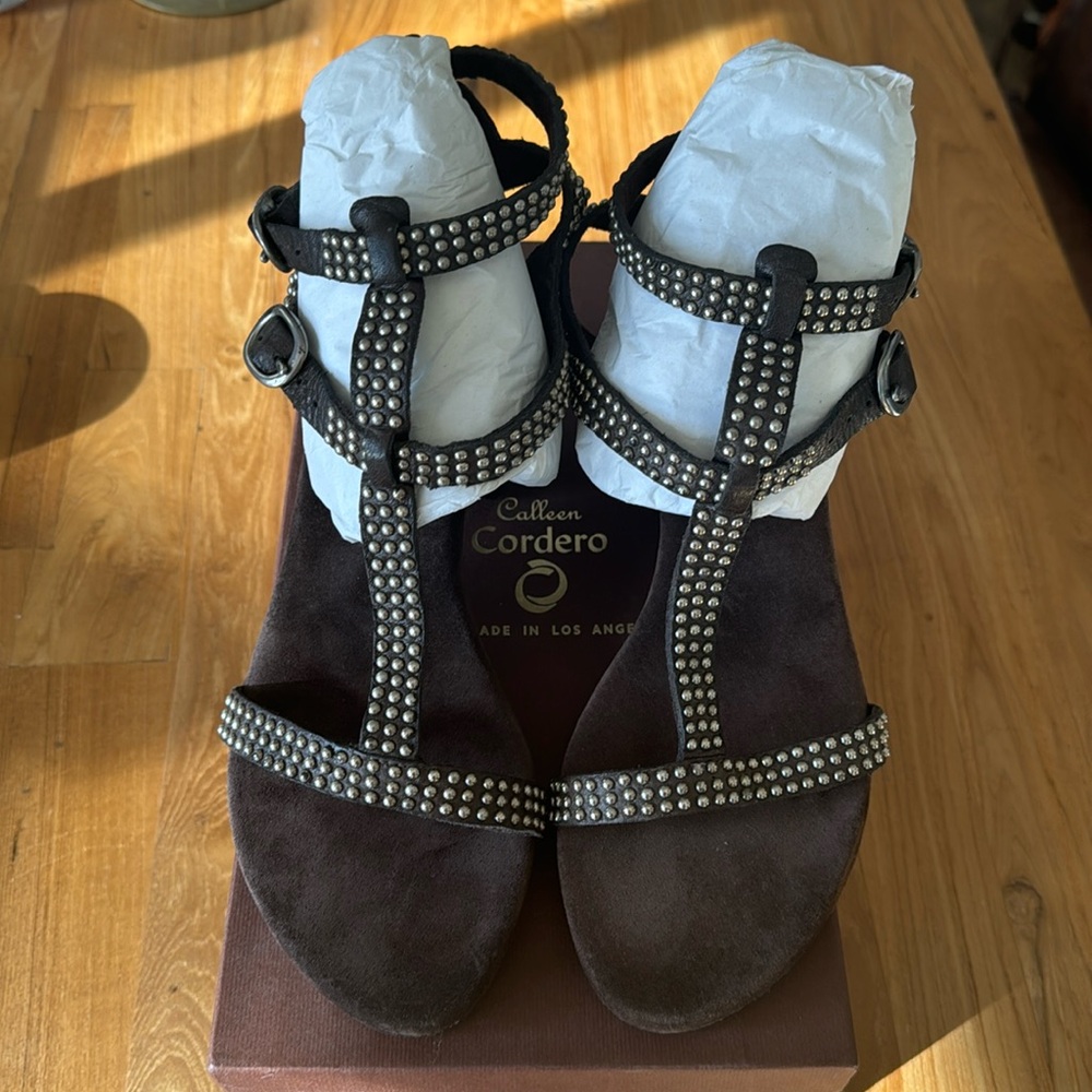 Calleen Cordero 8.5 Zeta Studded Brown Block Heel Sandal NTW!